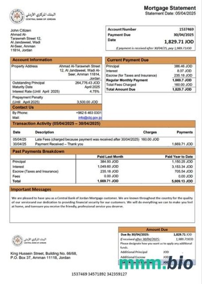 Jordania Bank Centralny Jordanii wyciąg z kredytu hipotecznego szablon Word i PDF